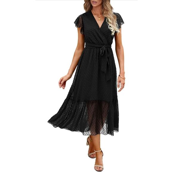 NEW BTFBM Boho Wrap V Neck Ruffle Midi Dress L NO BELT - Picture 1 of 5
